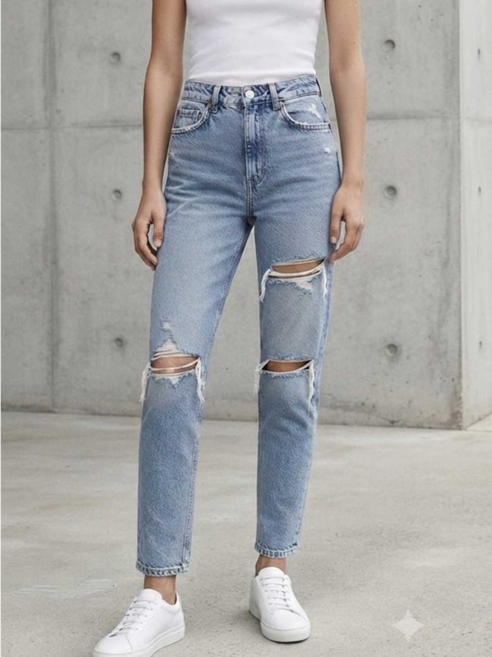 Zara Highrise Blue Distressed Slim Straight Leg Jeans Size 2 Organic Cotton